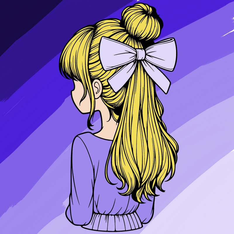 realistic girl  with hip length hair a bun and a big bow on the back of head