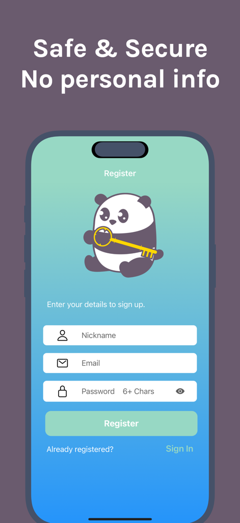 Master Reading Comprehension - Pantalla de registro seguro para la aplicación Domina la Comprensión Lectora con un lindo panda sosteniendo una llave.