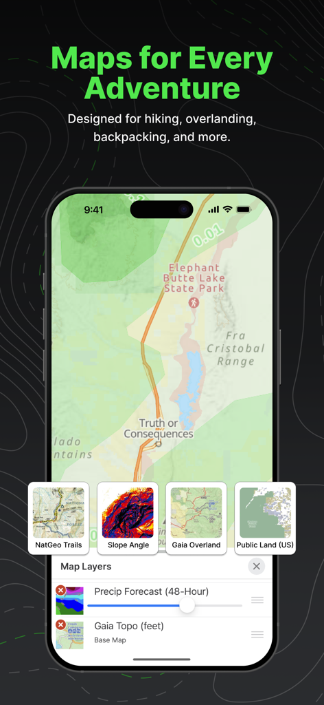 Gaia GPS app interface showing various trail map layers for hiking and overlanding including NatGeo and public land data