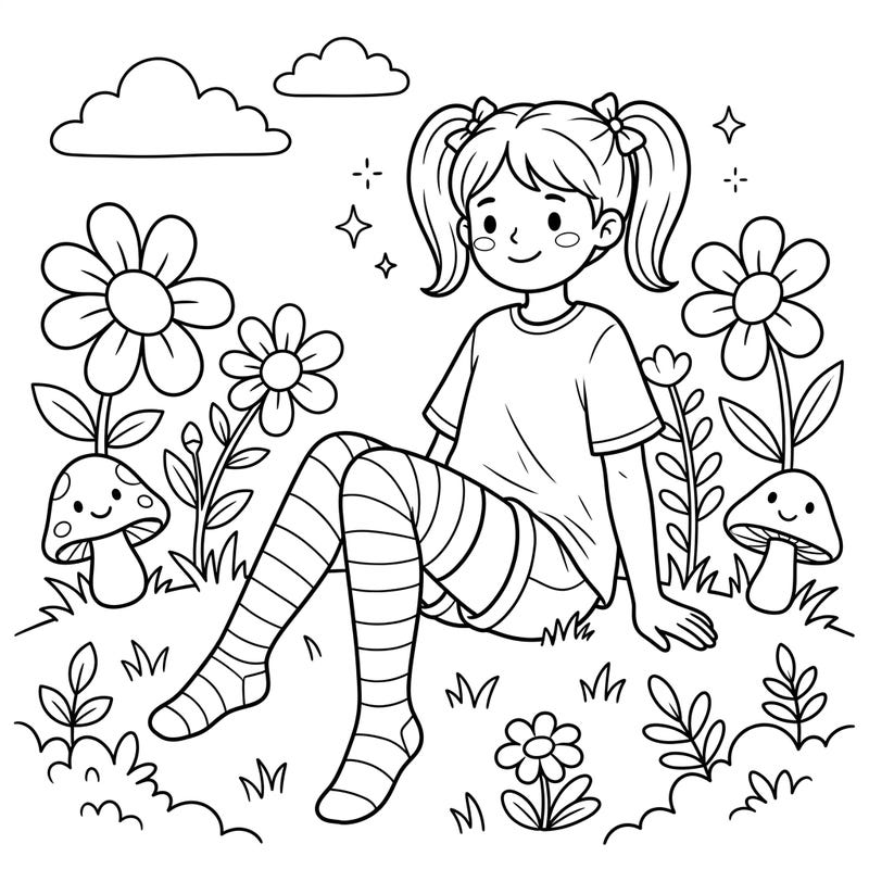 Dive into a charming coloring adventure with this delightful page featuring a cheerful girl wearing whimsical thigh-high stockings. Surrounded by blooming flowers and friendly mushrooms, it's perfect for young artists aged 4-8.