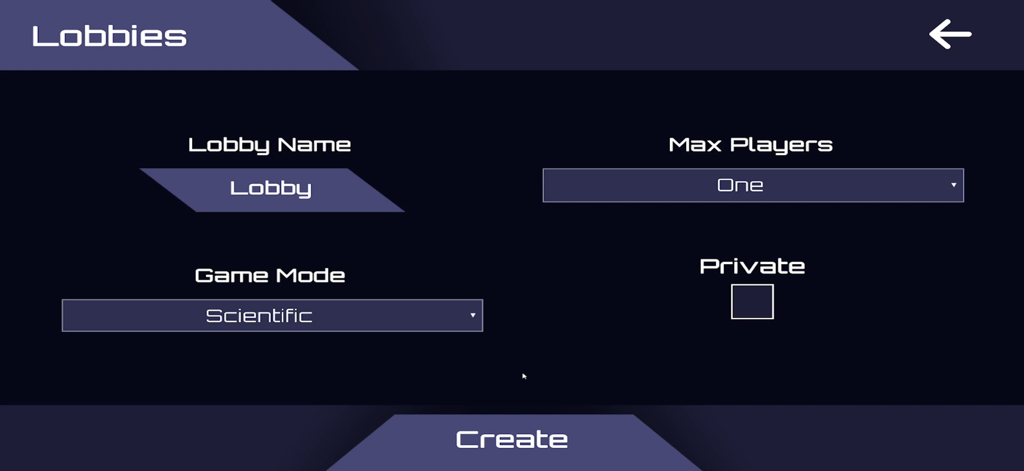 Lobby creation screen in High Frontier 4 All featuring options for lobby name max players and scientific game mode