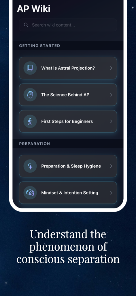 Ein Screenshot der Astralis App, der die AP Wiki-Oberfläche mit Kategorien für Wissenschaft und Anfängerleitfäden zur Astralprojektion zeigt.