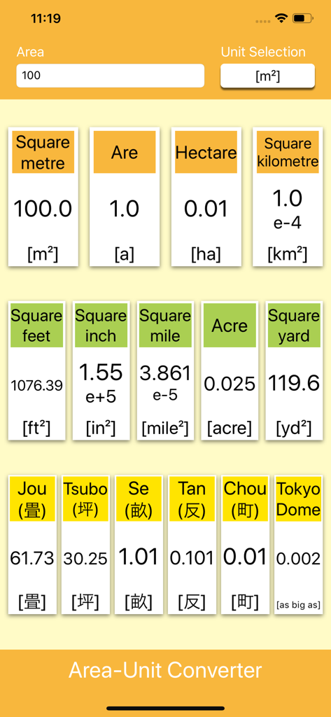 100平方メートルを15の国際単位と日本単位に換算した結果を示す面積単位変換アプリのインターフェース