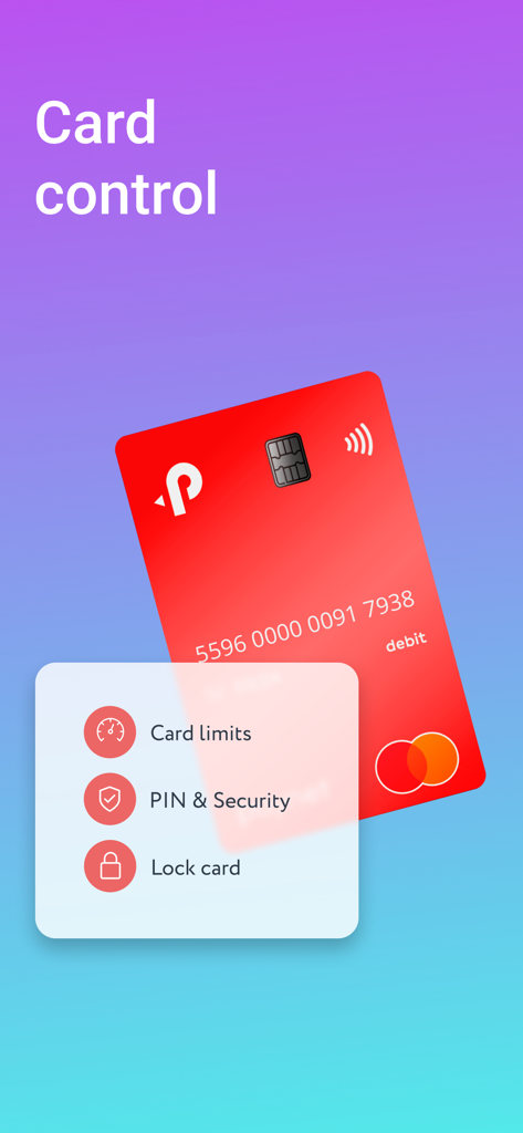 Paynet Wallet app screen showing card control settings like limits and security options