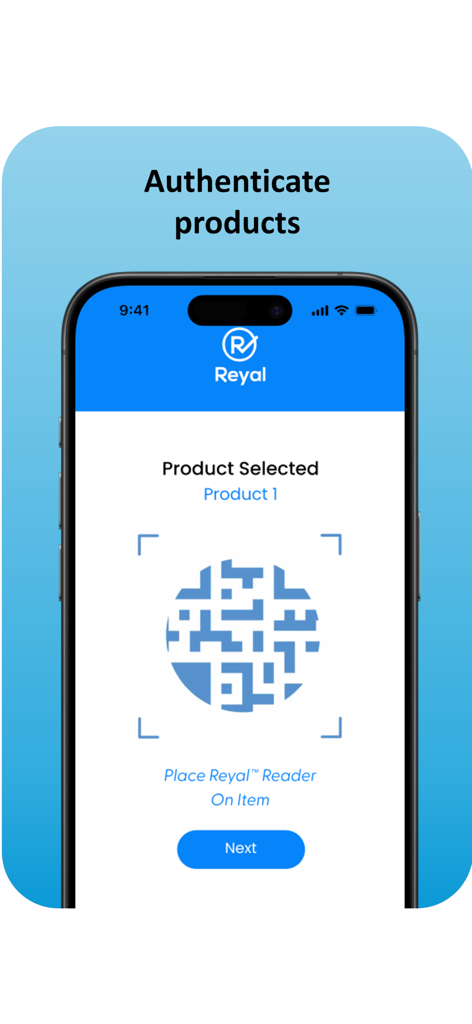 Reyal - Reyal app interface for product authentication with instructions to use the Reyal Reader hardware
