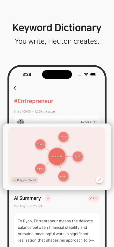 Heuton: self-reflect with AI - Heuton app interface showing a keyword dictionary with an AI-generated mind map for the word entrepreneur and a summary of personal reflections.