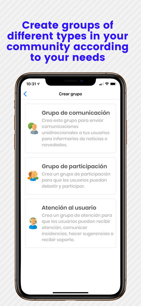 Tellfy - Interfaz de la aplicación Tellfy mostrando opciones para crear grupos de participación en la comunicación o de atención al cliente para la gestión comunitaria.