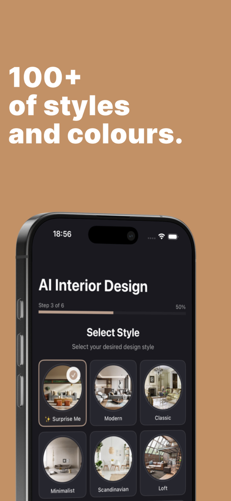 Livable - AI Interior Designer - Interface do aplicativo Livable mostrando diferentes estilos de design de interiores como Moderno, Minimalista e Escandinavo para escolher.