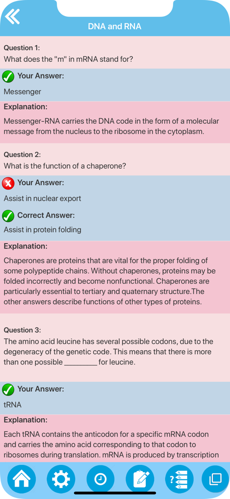 Biology quiz review screen showing questions and detailed explanations about DNA and RNA.