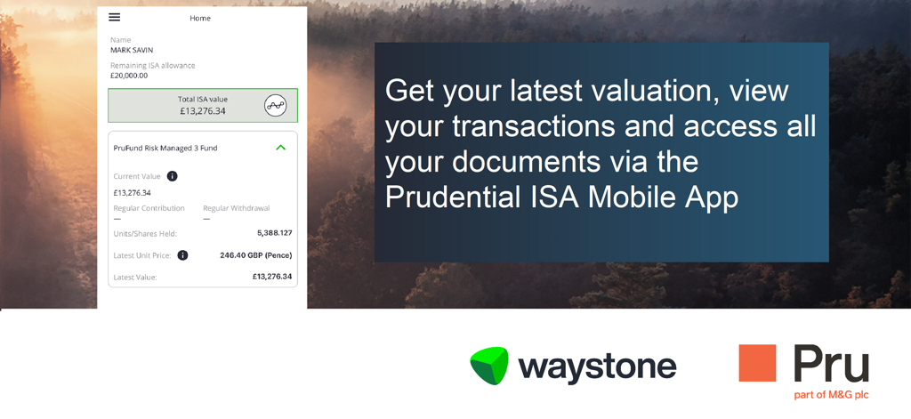 Prudential ISA Mobile - Prudential ISA Mobile App banner displaying account valuation and investment fund details