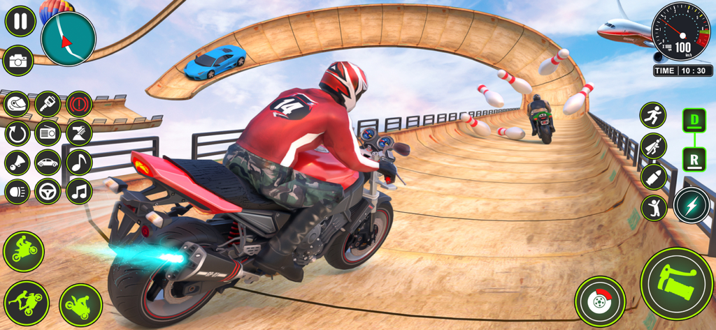 Mega Ramp Bike Stunt Games - A red motorcycle racing on a curved mega ramp track with giant bowling pins