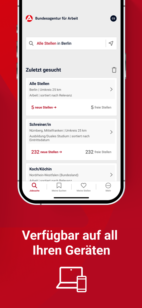 Jobsuche – Jobportal der BA - Mobile app interface of Jobsuche showing recent job searches in Germany and a cross-device availability notification.