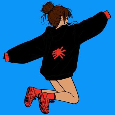 realistic girl jumping with a bun and oversized sweatshirt