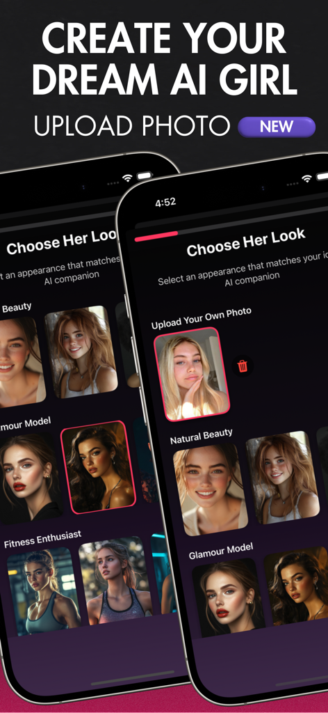 App screen for creating a custom AI girlfriend by choosing a persona and uploading a photo