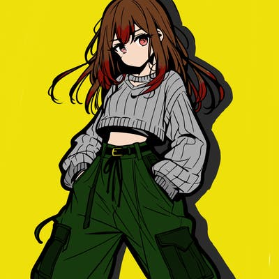 anime teen girl with baggy pants and crop top with sweater