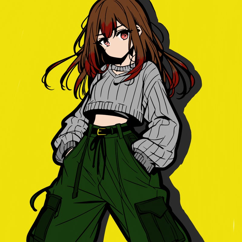 anime teen girl with baggy pants and crop top with sweater
