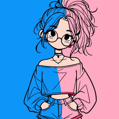 girl with a messy ponytail glasses a baggy crop top and jean shorts