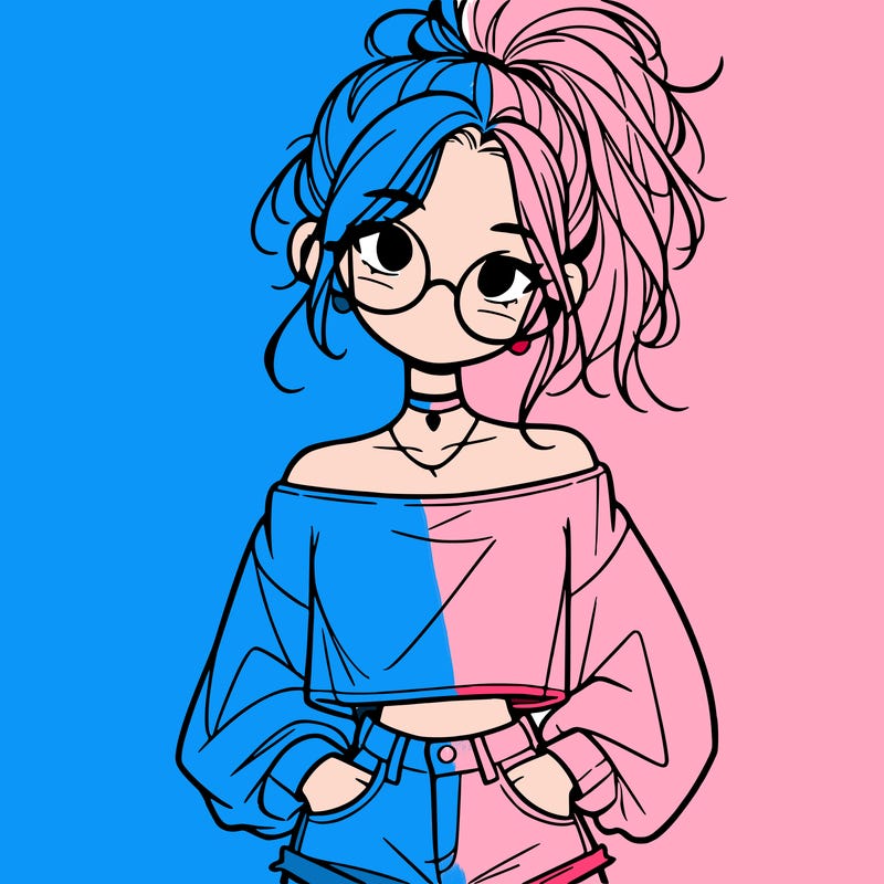 girl with a messy ponytail glasses a baggy crop top and jean shorts