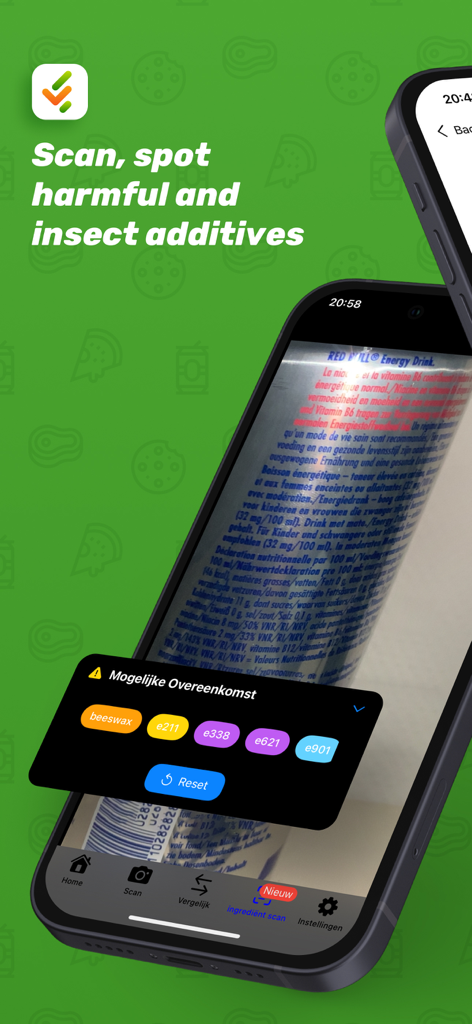 FoodCheckr: food scanner - A smartphone using the FoodCheckr app to scan a product label for harmful and insect-based additives.