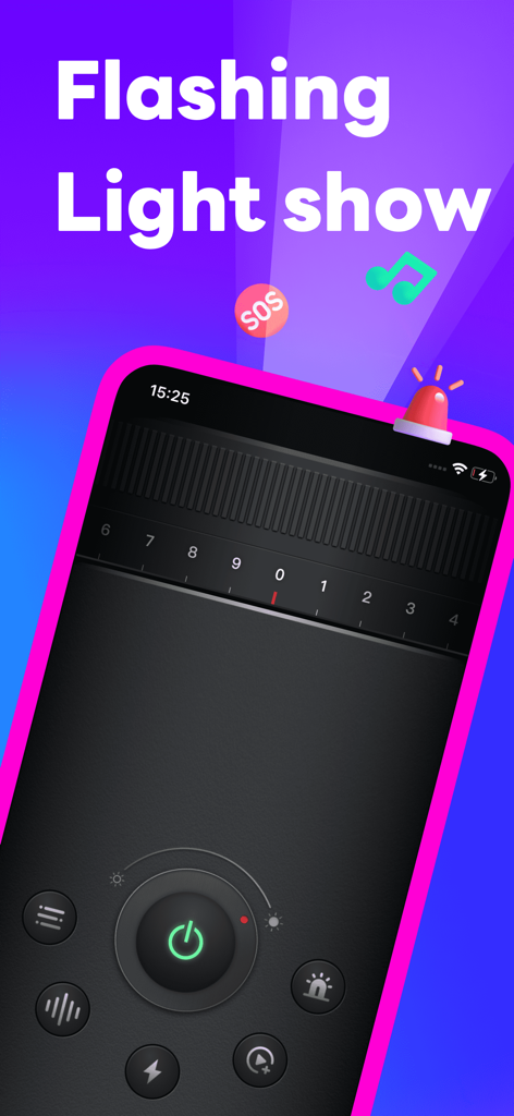 Interfaz de smartphone para una función de espectáculo de luces intermitentes con iconos de SOS y sincronización de música
