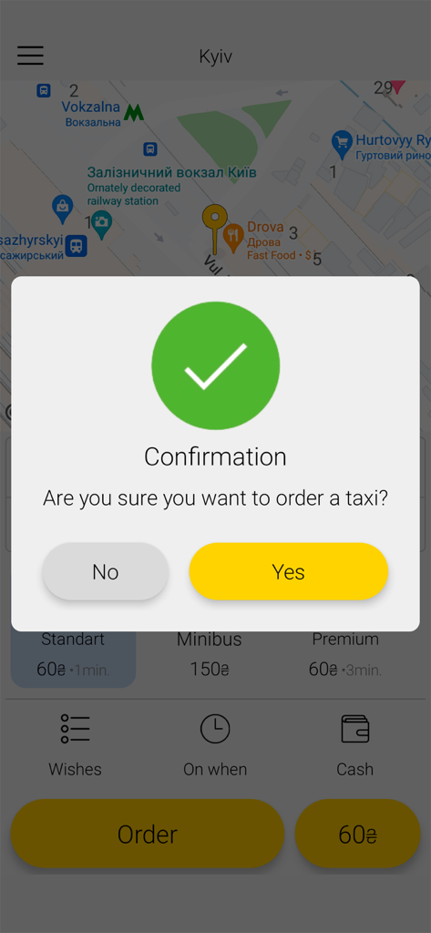Taxi 9192 app interface showing an order confirmation pop up over a map