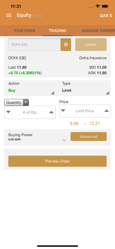 DlalaBrokerage - DlalaBrokerage app mobile trading interface showing equity order details for the Qatar Exchange