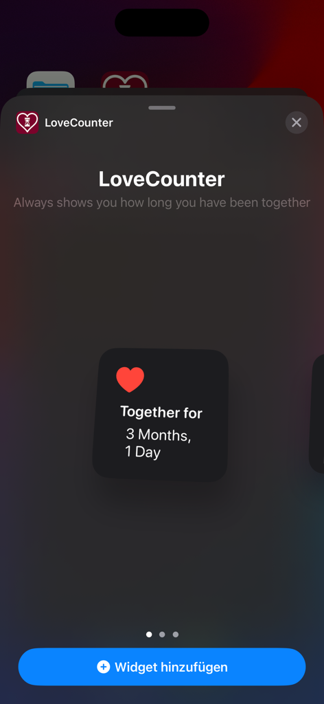 LoveCounter - My Love - Interface showing the LoveCounter relationship anniversary widget for iOS home screens