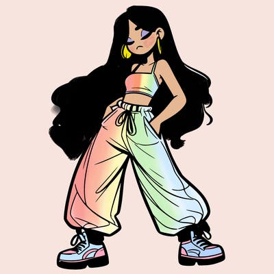 girl in baggy pants crop top and long hair