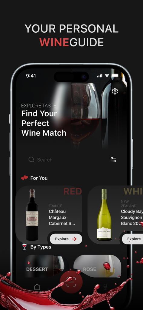 Pantalla móvil de la aplicación Wine Scanner que muestra recomendaciones personalizadas de vinos tintos y blancos y una interfaz de guía personal