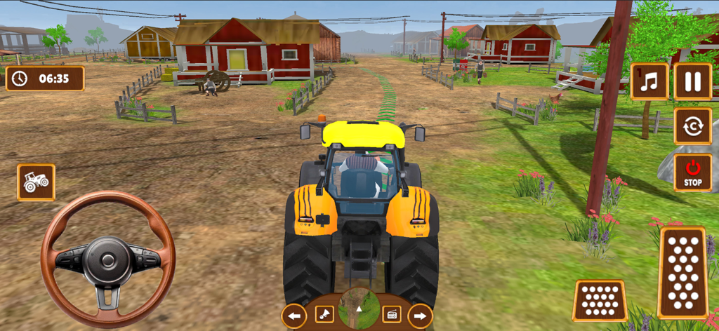 A yellow tractor driving on a dirt path through a rural village in a 3D farming simulation game.