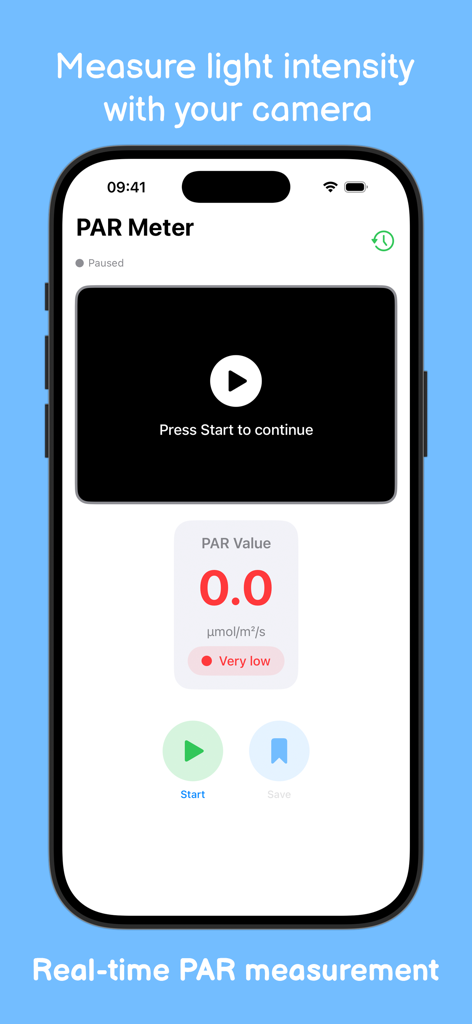 PARM - PARM app interface for real-time PAR measurement of light intensity for plants.