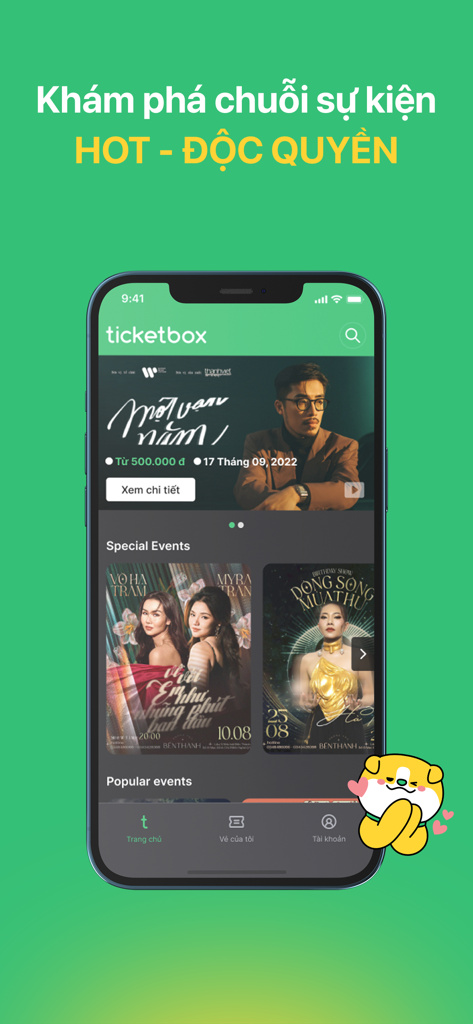 Ticketbox - Interface do aplicativo móvel Ticketbox mostrando eventos em destaque e especiais com texto em vietnamita