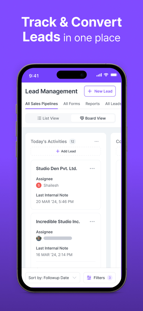 Refrens Invoice maker Bill App - A mobile phone screenshot showing the lead management and CRM dashboard of the Refrens Invoice Maker app