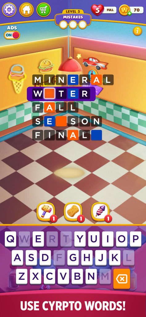Word Chain Puzzle - Word Chain Puzzle gameplay screen showing a word association challenge with words like mineral water and waterfall