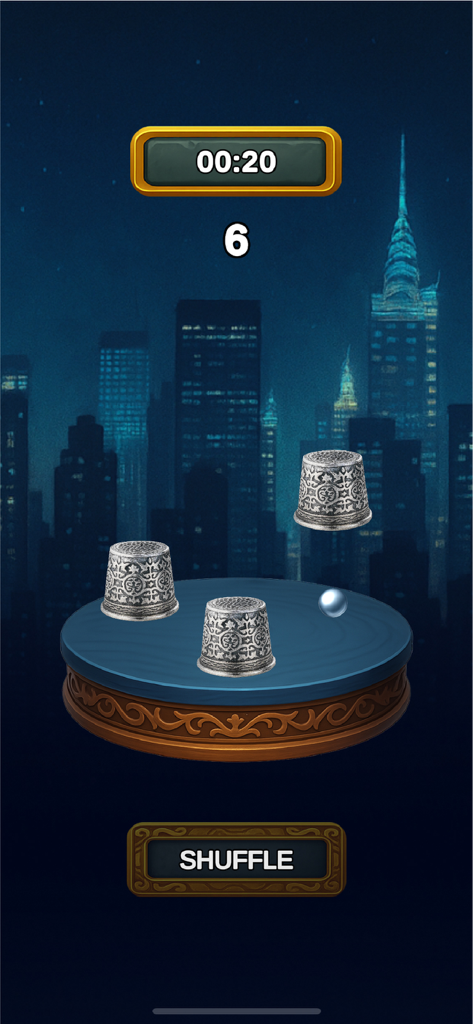 Cup Trick Hustle - Gameplay of Cup Trick Hustle showing three ornate cups and a ball on a blue table with a city skyline at night.