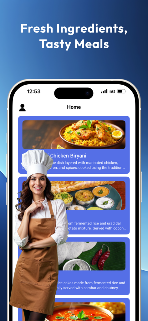 Zoti - Smartphone displaying the Zoti cooking app home screen with featured recipes and a chef character