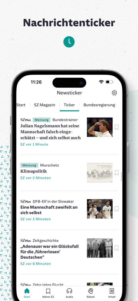 SZ Nachrichten - La aplicación SZ Nachrichten mostrando el ticker de noticias con los últimos titulares y artículos alemanes en un iPhone.