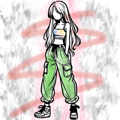 girl in baggy pants crop top and long hair