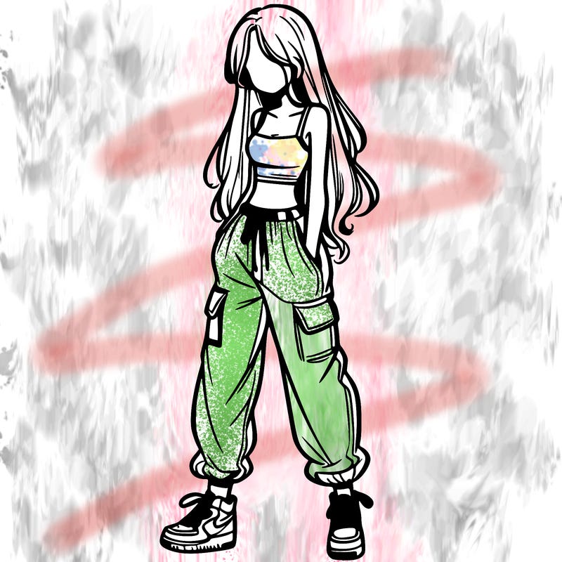 girl in baggy pants crop top and long hair