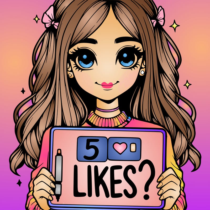 a realistic girl holding a sign that says "5 likes?"