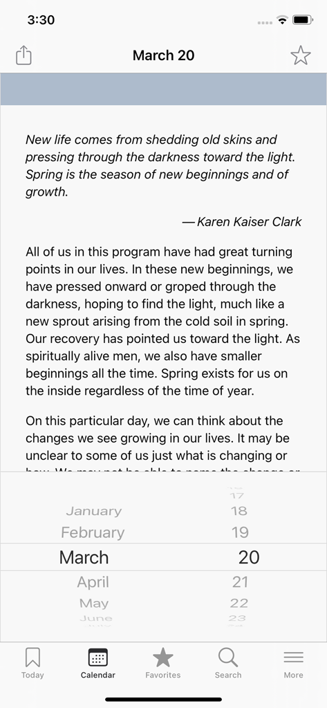 Touchstones - Touchstones app displaying a daily meditation for March 20 with a date picker navigation