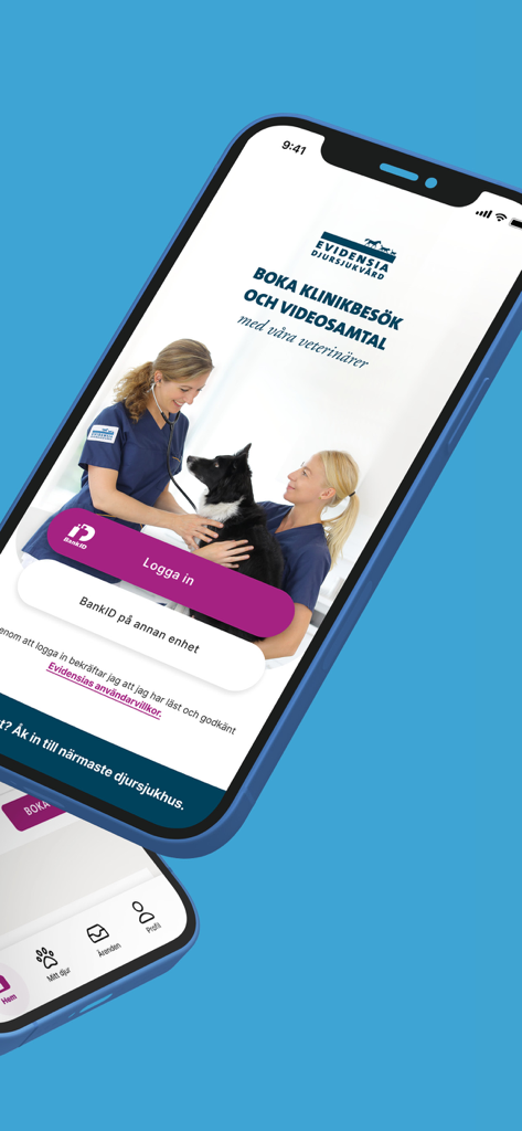 Evidensia: Vet appointments - Evidensia veterinary app login screen for booking pet clinic visits and video consultations