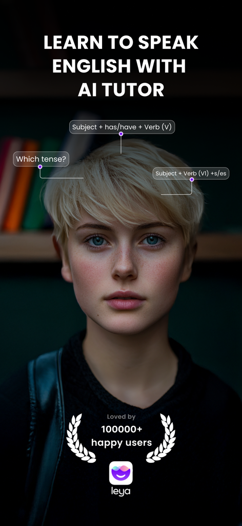 Leya AI: Learn English Fast - Leya AI English learning app screen featuring an AI tutor for speaking practice with grammar feedback