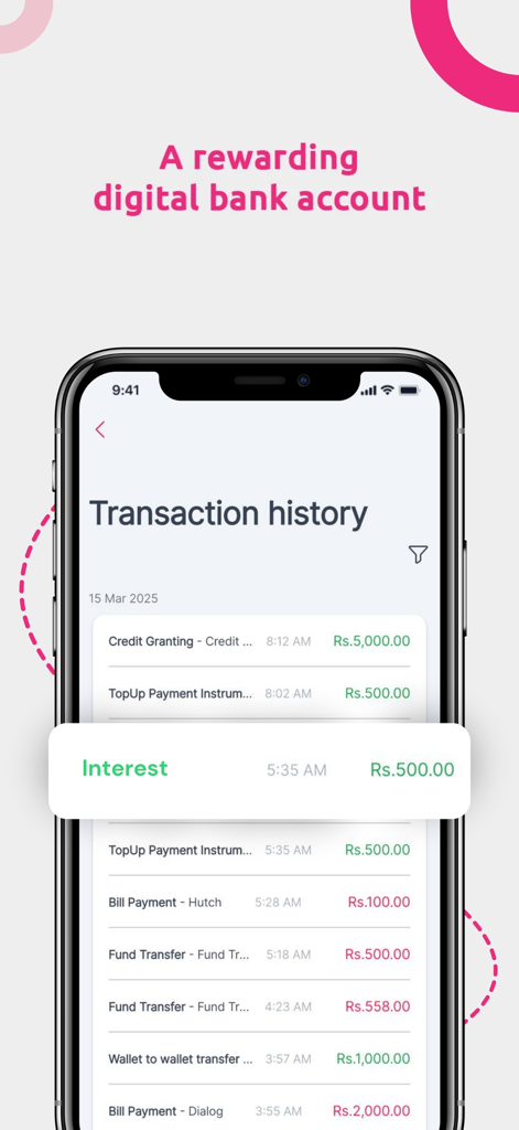 LB CIM - Interfaz móvil de la aplicación LB CIM que muestra el historial de transacciones con intereses ganados y detalles de pago de facturas