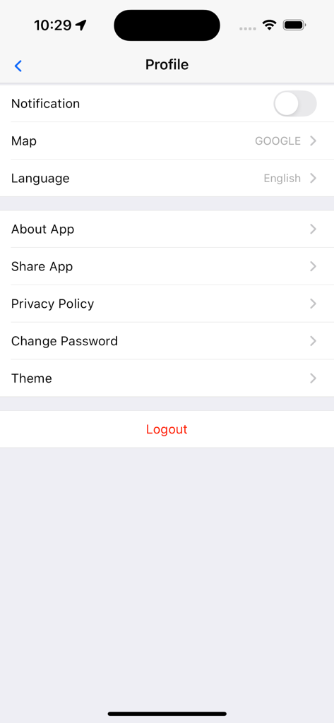 GPS-Control - Profil-Einstellungen-Bildschirm der GPS-Control App mit Optionen für Benachrichtigungen, Kartenanbieter und Sprache.