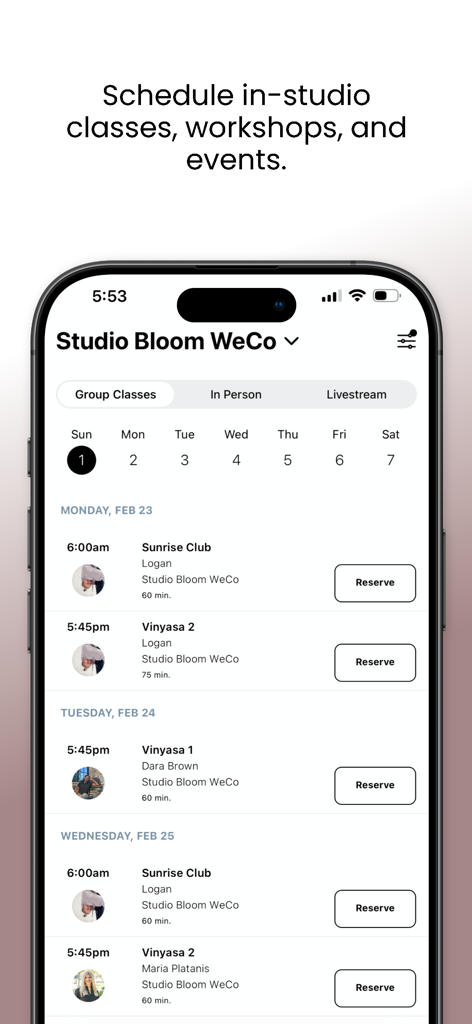 Tribe Yoga & Wellness - Tribe Yoga and Wellness mobile app screen showing the weekly class schedule for Studio Bloom WeCo with booking options for Vinyasa and Sunrise Club classes
