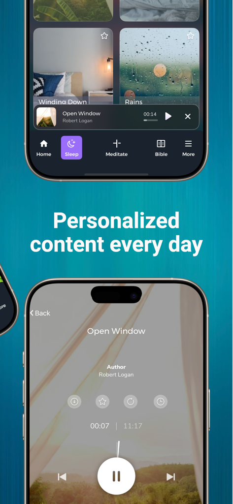 Soultime app interface showing personalized meditation and sleep content with an audio player.