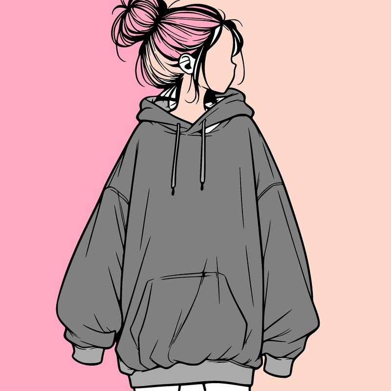 realistic girl with a oversized sweatshirt on and a bun