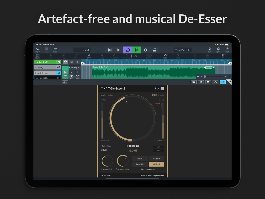 T-De-Esser 2 - T-De-Esser 2 Plugin-Oberfläche auf dem iPad für professionelle Audiobearbeitung