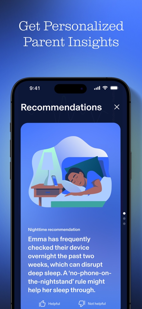 Aura app interface showing a personalized parental insight about a child's nighttime device usage with a recommendation to keep phones off nightstands.